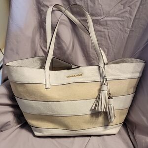 Michael Kors Large East West White Leather and Tan Canvas Striped Tote